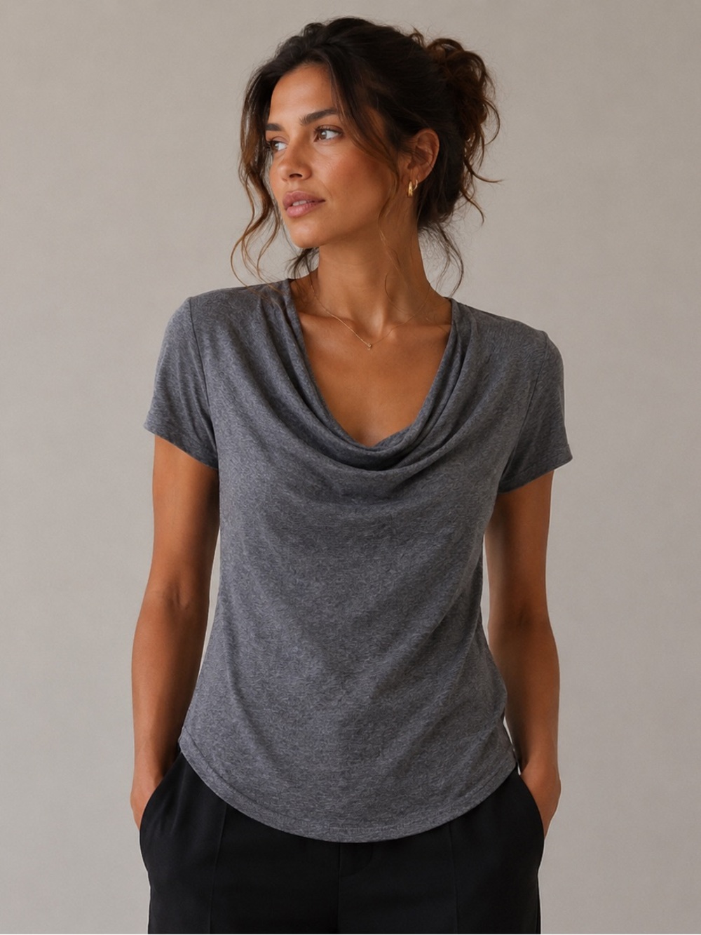 $68 New Lanston Short Sleeve Cowl Neck Tee -XS - Grey
